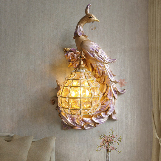 Peacock Sconce Light: Retro Wall Mounted With Globe Shade Left/Right Facing White/Blue/Purple Resin