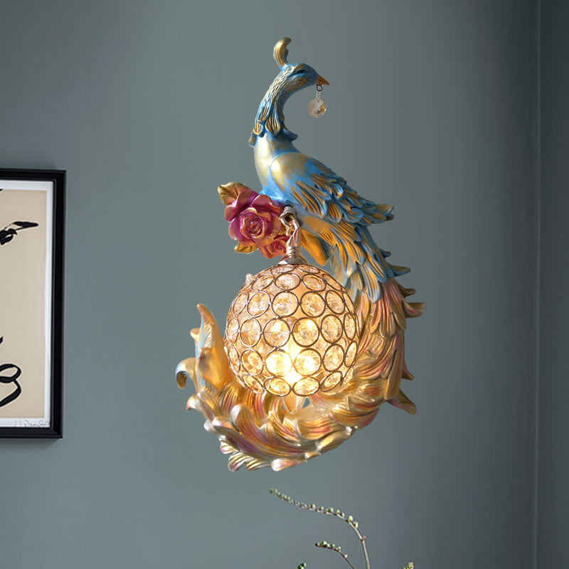 Peacock Sconce Light: Retro Wall Mounted With Globe Shade Left/Right Facing White/Blue/Purple Resin