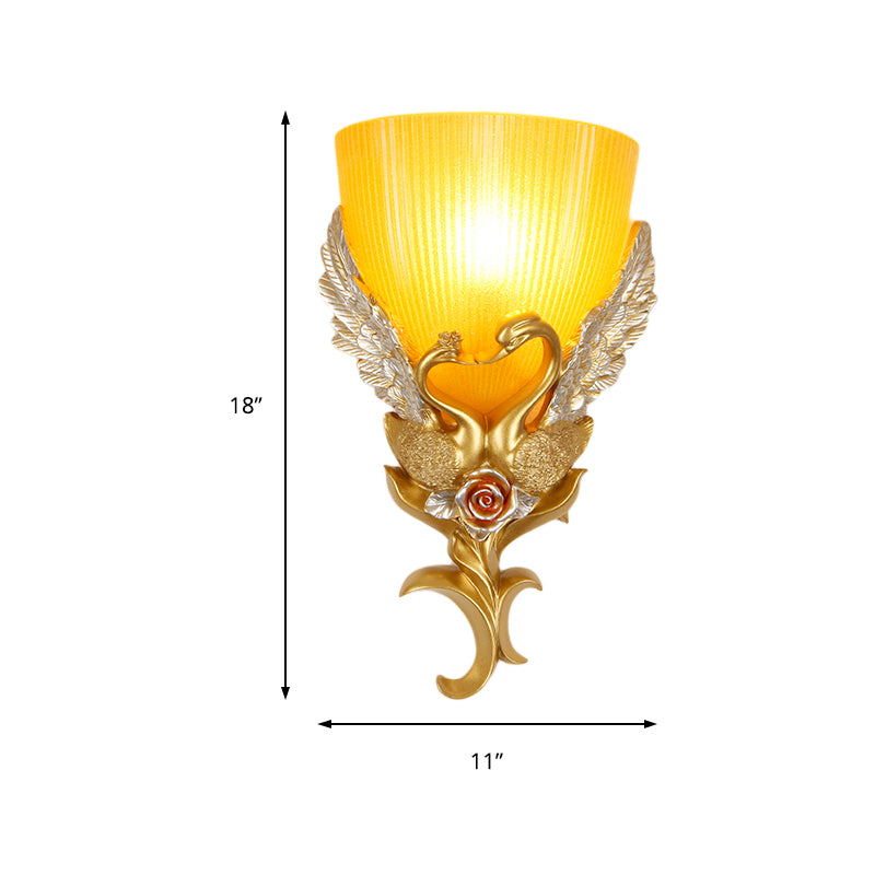 Minimalist Glass Bowl Wall Light With Ribbed Detail And Swan Decoration - 1 Corridor Sconce Fixture