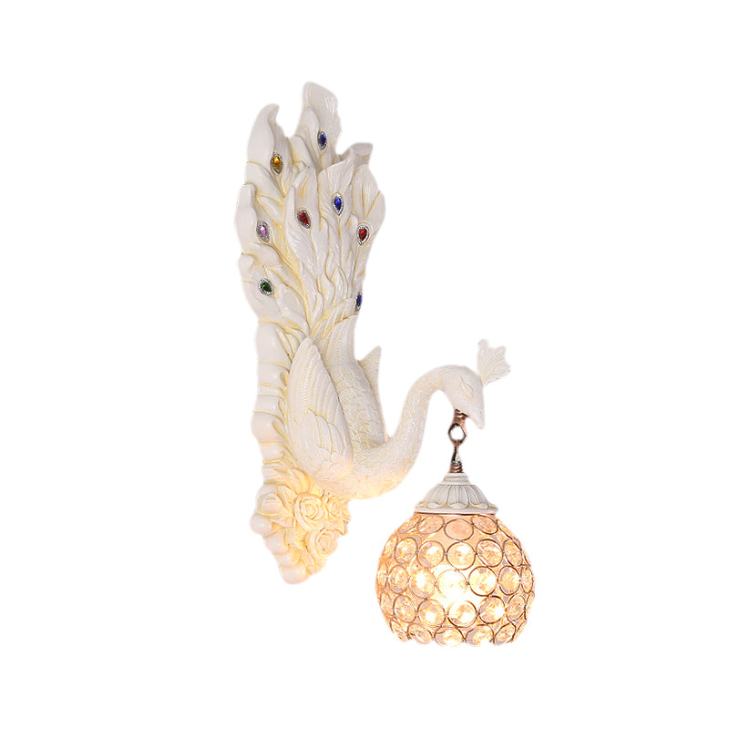 Antique Dome Crystal Wall Light: Bedroom Sconce Lamp With Peacock Backplate (Blue/Gold/White)