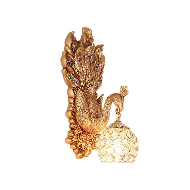 Antique Dome Crystal Wall Light: Bedroom Sconce Lamp With Peacock Backplate (Blue/Gold/White)