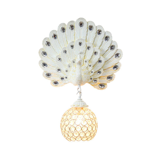 Peacock Backplate Wall Sconce With Crystal Globe - Traditional Bedroom Light Fixture (1