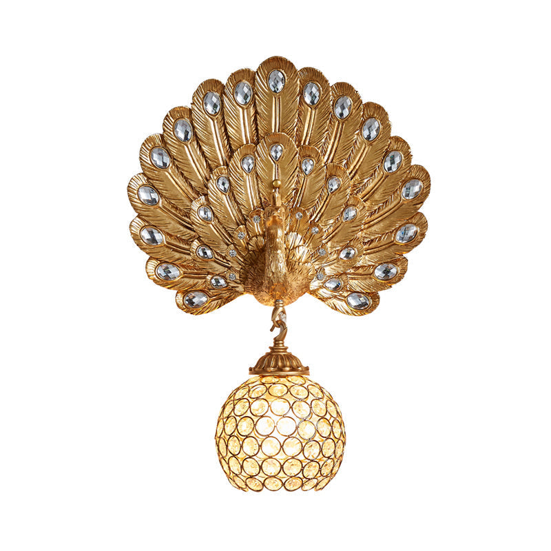 Peacock Backplate Wall Sconce With Crystal Globe - Traditional Bedroom Light Fixture (1