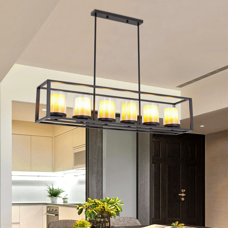 Vintage Glass Cylinder Pendant Light With Black Frame - Island Dining Room Lighting (3/5/6 Lights) 6