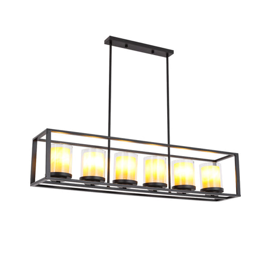 Vintage Glass Cylinder Pendant Light With Black Frame - Island Dining Room Lighting (3/5/6 Lights)