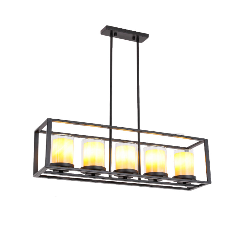 Vintage Glass Cylinder Pendant Light With Black Frame - Island Dining Room Lighting (3/5/6 Lights)