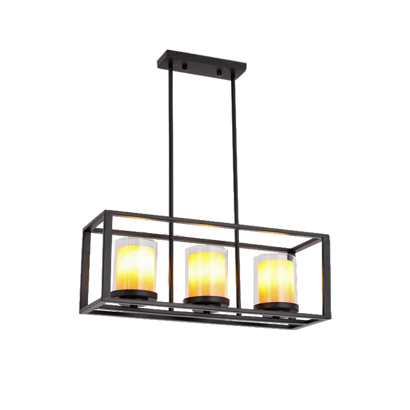 Vintage Glass Cylinder Pendant Light With Black Frame - Island Dining Room Lighting (3/5/6 Lights)