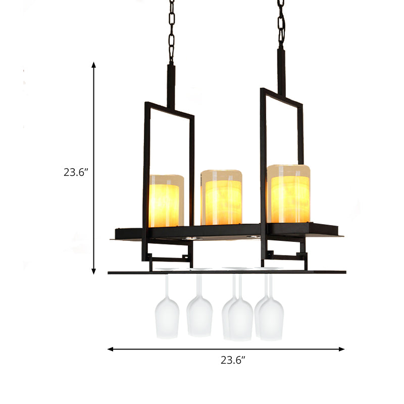 Traditional Cylinder Glass Island Light With Inner Yellow Marble Shade - 3/5 Lights Dining Room