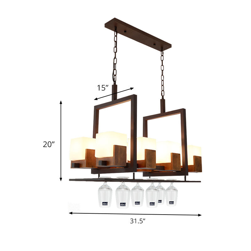 Rustic White Glass Square Restaurant Island Light With 8 Lights & Bronze Ceiling Mount -