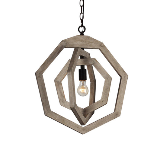 Heptagon Grey/White/Beige Wood Frame Pendant Lamp: Industrial Style Hallway Hanging Kit