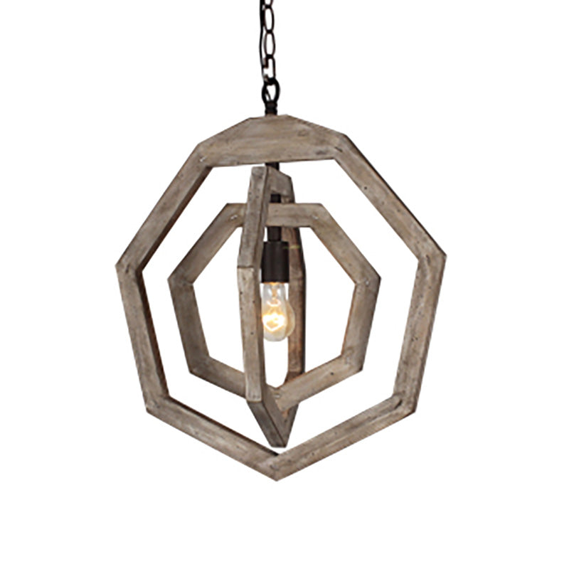 Heptagon Grey/White/Beige Wood Frame Pendant Lamp: Industrial Style Hallway Hanging Kit