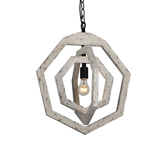 Heptagon Grey/White/Beige Wood Frame Pendant Lamp: Industrial Style Hallway Hanging Kit