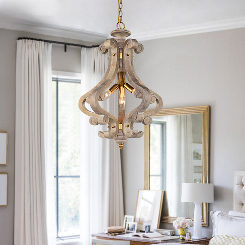 Traditional Beige/White Wood Lantern Chandelier - Bedroom Ceiling Light