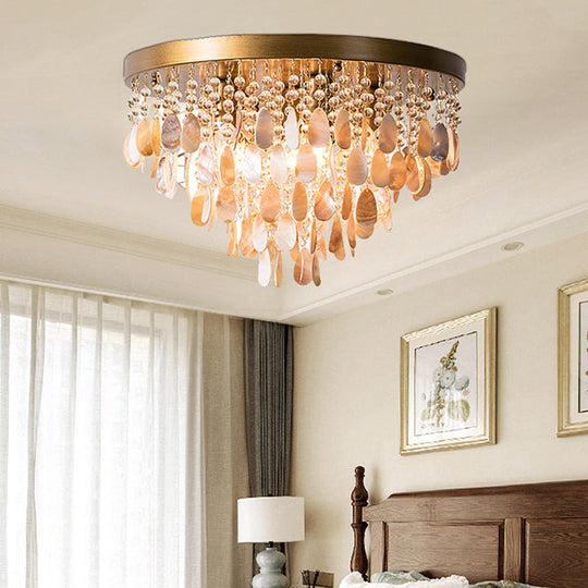 Shell And Crystal Flush Ceiling Light With Rustic Charm - 6/9 Lights For Living Room Black/Brass