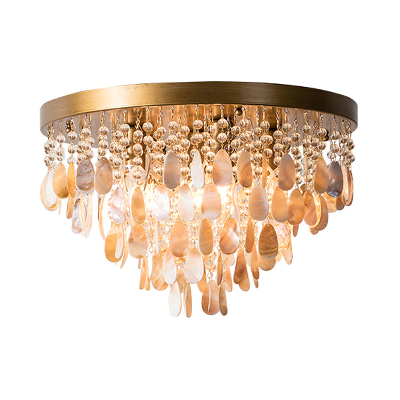 Shell and Crystal Flush Ceiling Light with Rustic Charm - 6/9 Lights for Living Room - Black/Brass Canopy - 16"/19.5" Wide