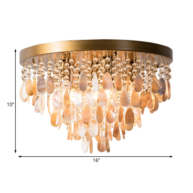 Shell and Crystal Flush Ceiling Light with Rustic Charm - 6/9 Lights for Living Room - Black/Brass Canopy - 16"/19.5" Wide