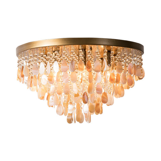 Shell and Crystal Flush Ceiling Light with Rustic Charm - 6/9 Lights for Living Room - Black/Brass Canopy - 16"/19.5" Wide