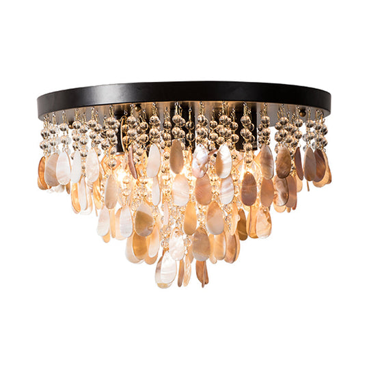 Shell and Crystal Flush Ceiling Light with Rustic Charm - 6/9 Lights for Living Room - Black/Brass Canopy - 16"/19.5" Wide