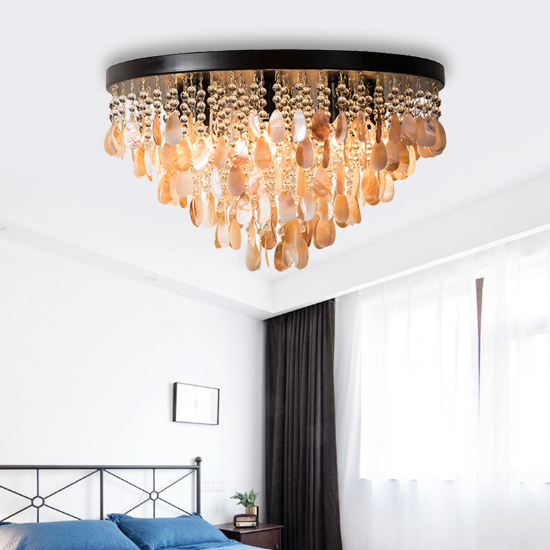 Shell and Crystal Flush Ceiling Light with Rustic Charm - 6/9 Lights for Living Room - Black/Brass Canopy - 16"/19.5" Wide