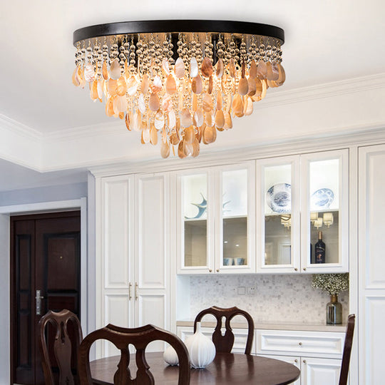 Shell and Crystal Flush Ceiling Light with Rustic Charm - 6/9 Lights for Living Room - Black/Brass Canopy - 16"/19.5" Wide