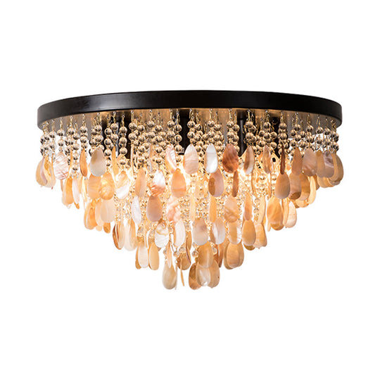 Shell and Crystal Flush Ceiling Light with Rustic Charm - 6/9 Lights for Living Room - Black/Brass Canopy - 16"/19.5" Wide