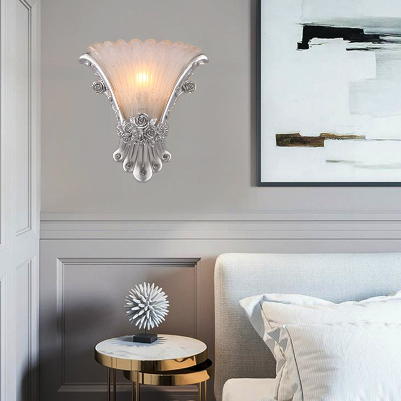 Minimalist White Glass Sconce Lamp - Bedside Wall Mounted Light With Resin Base