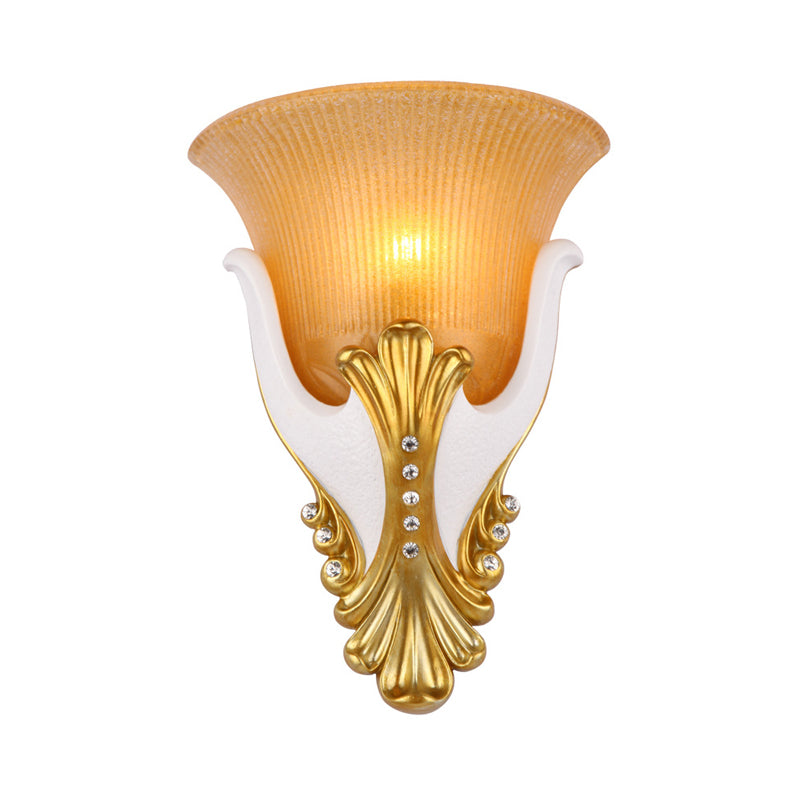 Vintage White/Yellow Glass Wall Light With Ribbed Design - Bedside Sconce Bell Shape 9.5/13 Wide