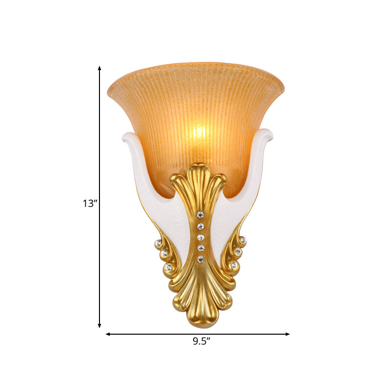 Vintage White/Yellow Glass Wall Light With Ribbed Design - Bedside Sconce Bell Shape 9.5/13 Wide