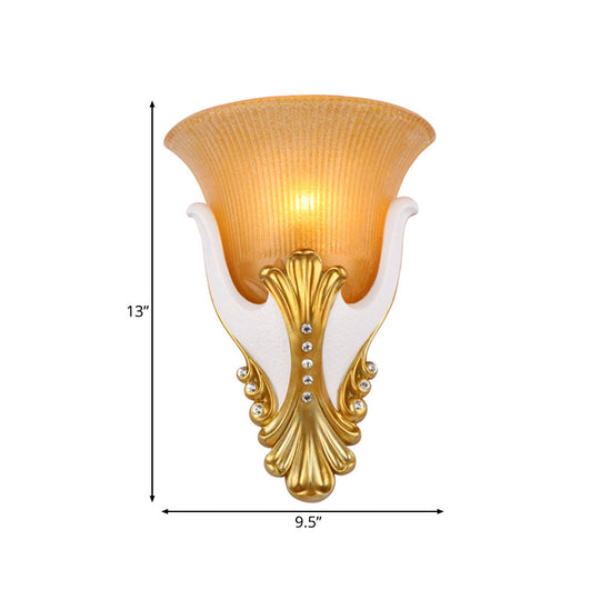 Vintage White/Yellow Glass Wall Light With Ribbed Design - Bedside Sconce Bell Shape 9.5/13 Wide