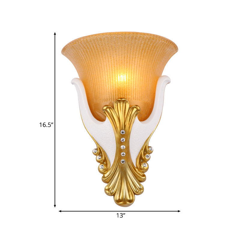 Vintage White/Yellow Glass Wall Light With Ribbed Design - Bedside Sconce Bell Shape 9.5/13 Wide