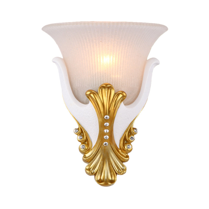 Vintage White/Yellow Glass Wall Light With Ribbed Design - Bedside Sconce Bell Shape 9.5/13 Wide