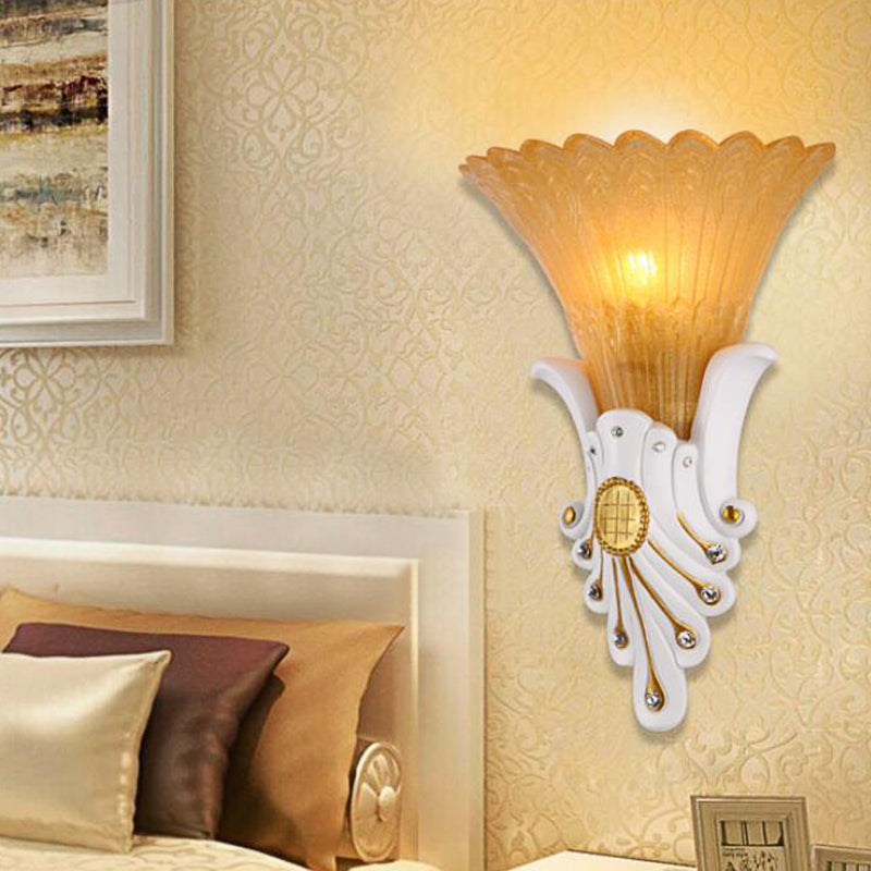 Traditional White/Yellow Glass Bedside Wall Light Sconce With Diamond Accent