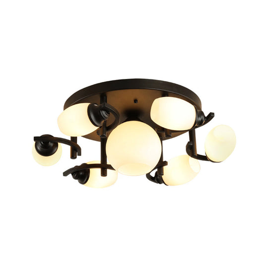 Traditional Oval Glass Ceiling Light Fixture With 3/5/7 White Lights - Black Finish For Living Room