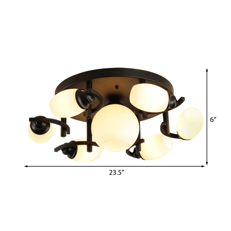 Traditional Oval Glass Ceiling Light Fixture With 3/5/7 White Lights - Black Finish For Living Room