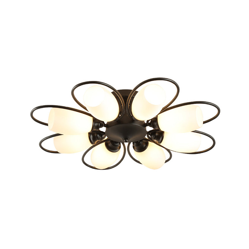 Semi Flush Mount Traditional Flower Shaped Ceiling Light: 3/6/8 Lights, White Glass, Black, Ideal for Living Room