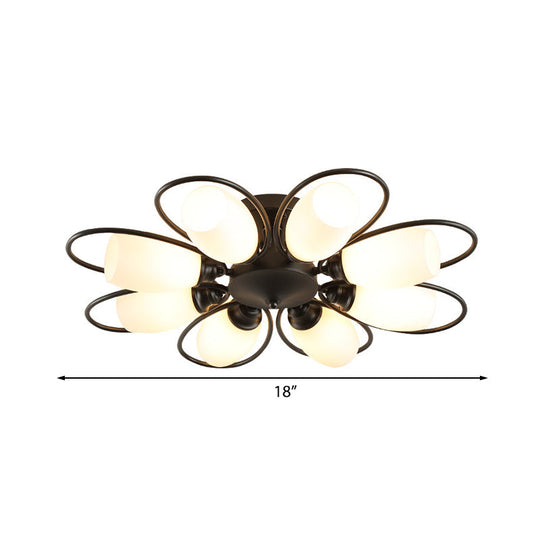 Semi Flush Mount Traditional Flower Shaped Ceiling Light: 3/6/8 Lights, White Glass, Black, Ideal for Living Room