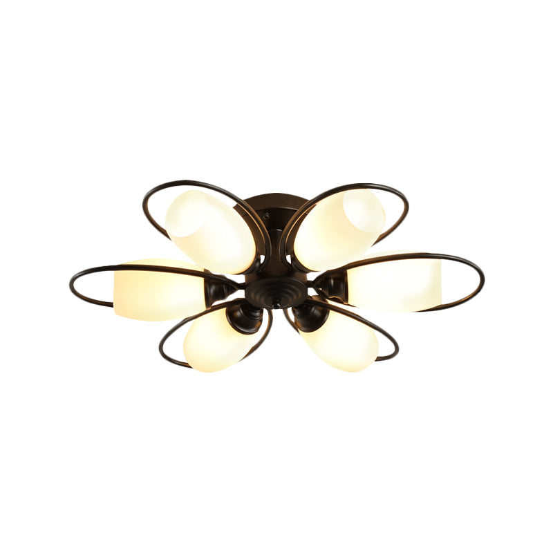 Semi Flush Mount Traditional Flower Shaped Ceiling Light: 3/6/8 Lights, White Glass, Black, Ideal for Living Room