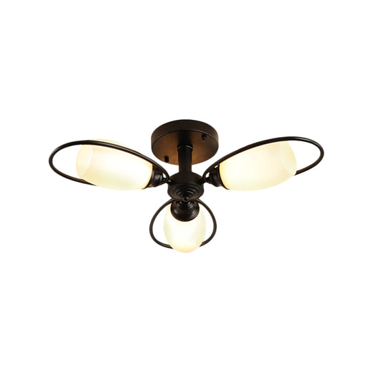 Semi Flush Mount Traditional Flower Shaped Ceiling Light: 3/6/8 Lights, White Glass, Black, Ideal for Living Room