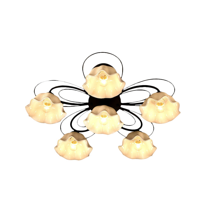 Traditional Black Ceiling Mount Light Fixture with Scalloped White Glass, Ideal for Bedroom (3/5/6 Lights)