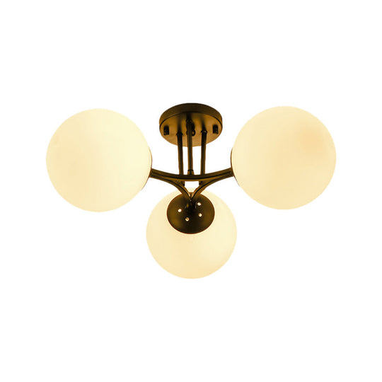 Traditional Black Semi Flush Ceiling Light Fixture with Globe White Glass Shade - 3/6 Lights for Living Room