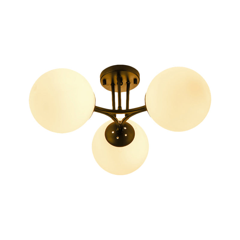 Traditional Black Semi Flush Ceiling Light Fixture With Globe White Glass Shade - 3/6 Lights For