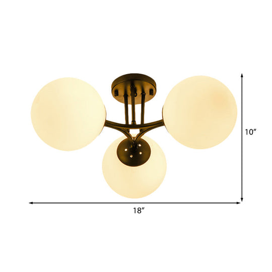 Traditional Black Semi Flush Ceiling Light Fixture with Globe White Glass Shade - 3/6 Lights for Living Room