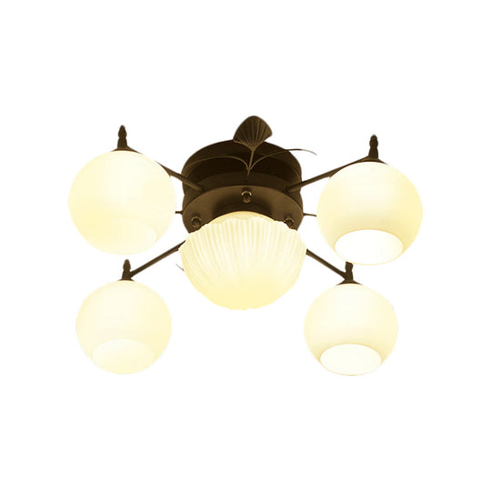 Semi Mount Bubble Shade Living Room Ceiling Light - Traditional White Glass with 5/7 Lights - Black