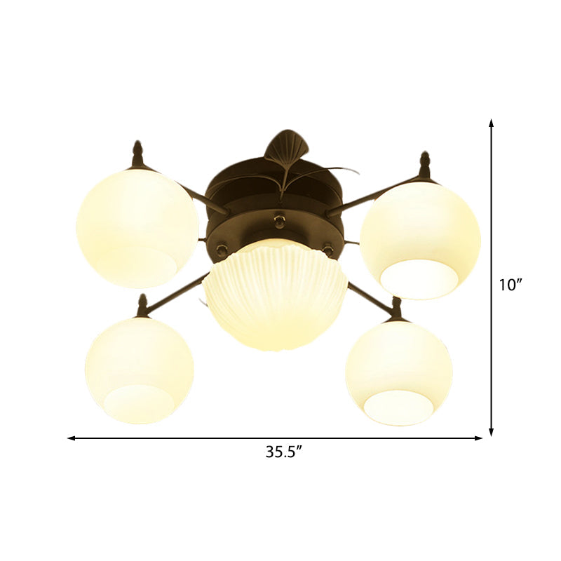 Semi Mount Bubble Shade Living Room Ceiling Light - Traditional White Glass with 5/7 Lights - Black