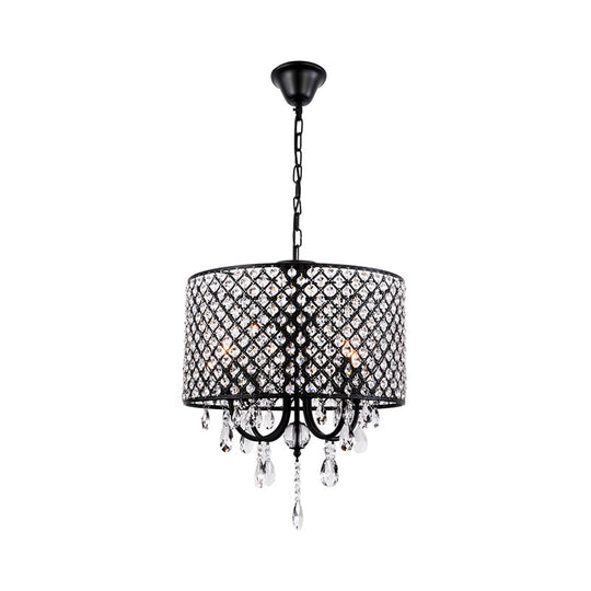 Modern Crystal Black/Chrome Pendant Drum Chandelier - 4 Lights Rustic Dining Room Light Fixture