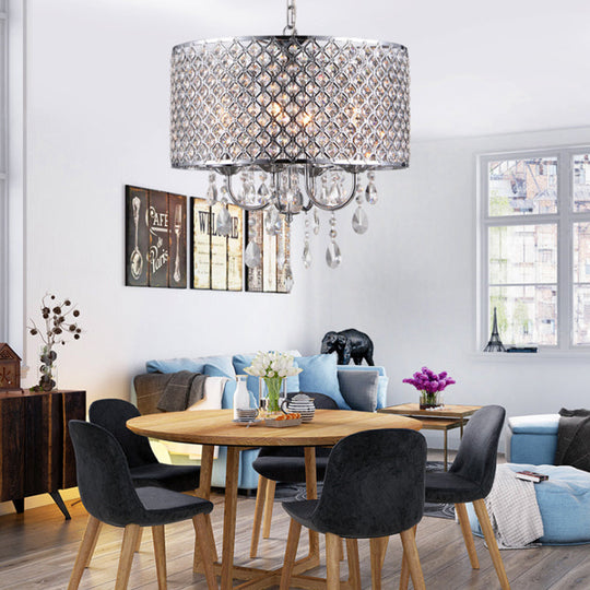 Modern Crystal Black/Chrome Pendant Drum Chandelier - 4 Lights Rustic Dining Room Light Fixture