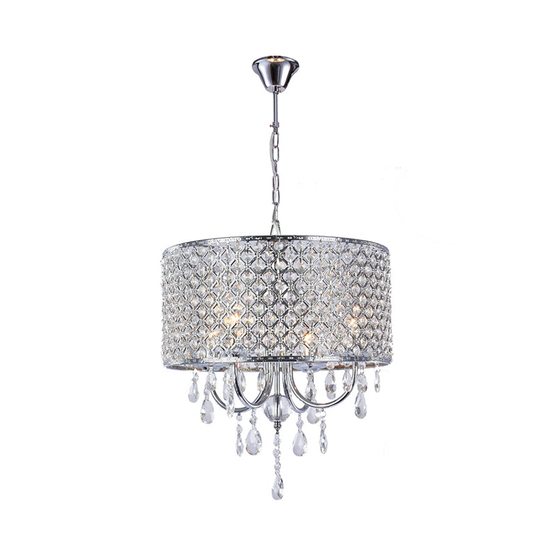 Modern Crystal Black/Chrome Pendant Drum Chandelier - 4 Lights Rustic Dining Room Light Fixture