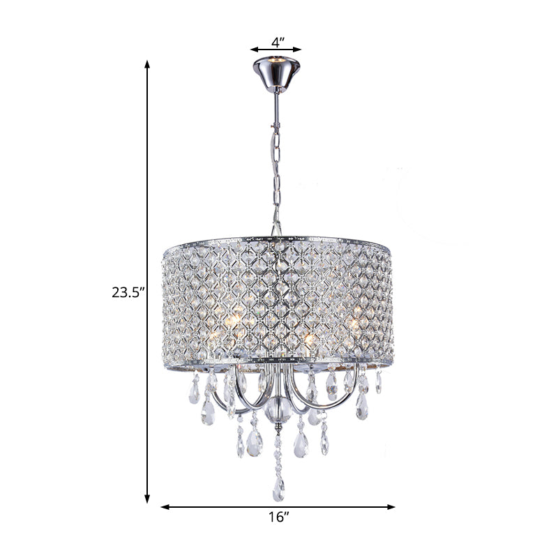 Modern Crystal Black/Chrome Pendant Drum Chandelier - 4 Lights Rustic Dining Room Light Fixture