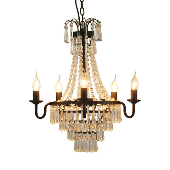 Crystal Empire Chandelier 5-Light Country Black Pendant Lighting With Exposed Bulbs For Living Room