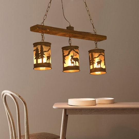 Vintage Cylinder Island Chandelier With Metal And Fabric Shade - 3/5/6 Lights Rustic Hanging Lamp